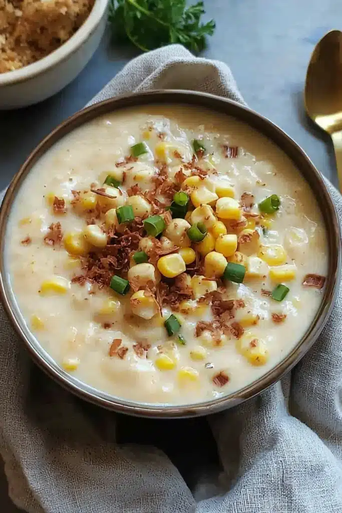 A creamy bowl of gluten-free corn chowder garnished with fresh corn, green onions, and crispy toppings, served with a golden spoon.