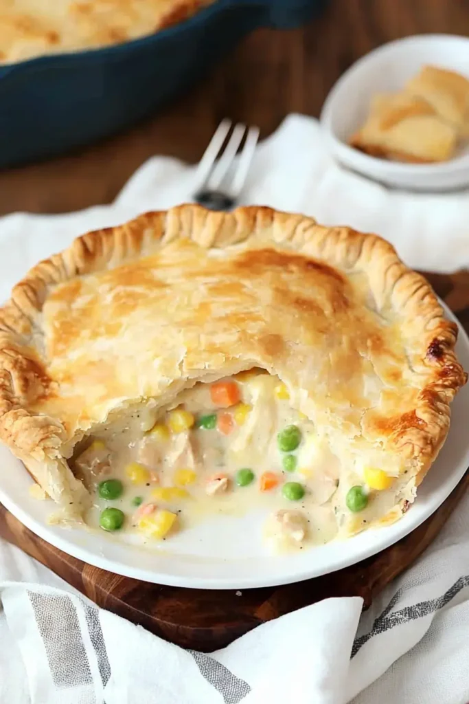 A freshly baked chicken pot pie with a flaky golden crust, filled with creamy chicken, peas, carrots, and corn, served on a white plate.