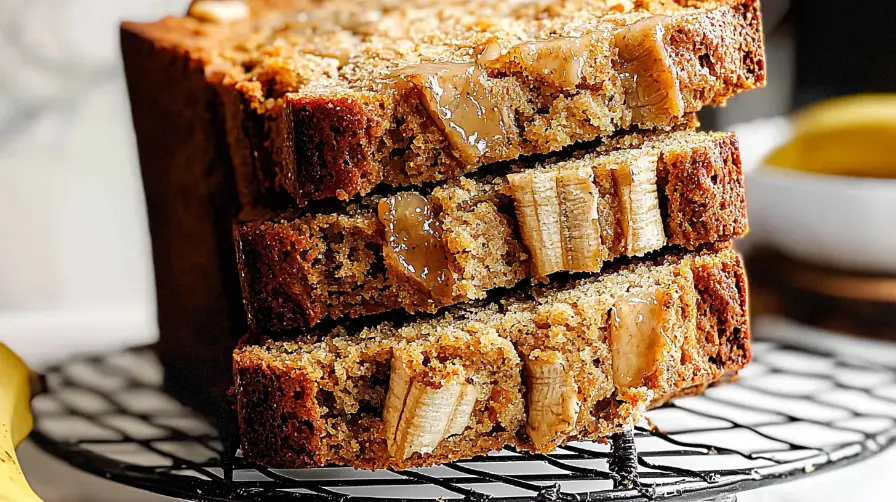 A stack of thick slices of banana bread on a wire rack with a golden crust.