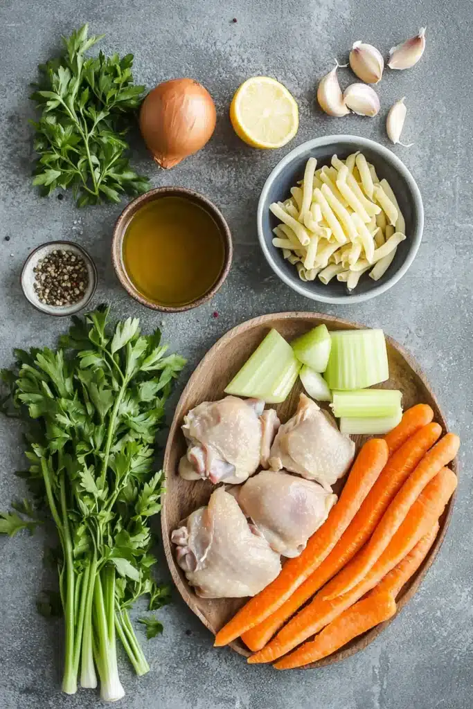 Fresh ingredients for Grandma's chicken soup including chicken thighs, carrots, celery, parsley, pasta, garlic, onion, lemon, olive oil, and spices neatly arranged on a gray surface.