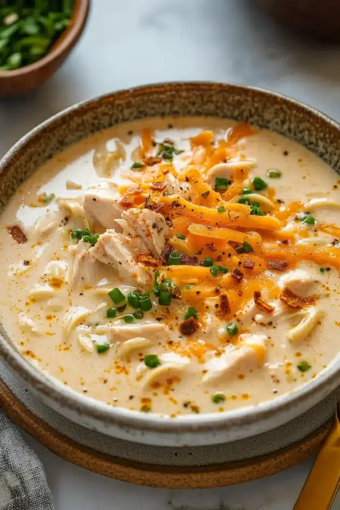 A bowl of creamy crack chicken noodle soup topped with shredded cheddar cheese, crispy bacon bits, and chopped green onions.