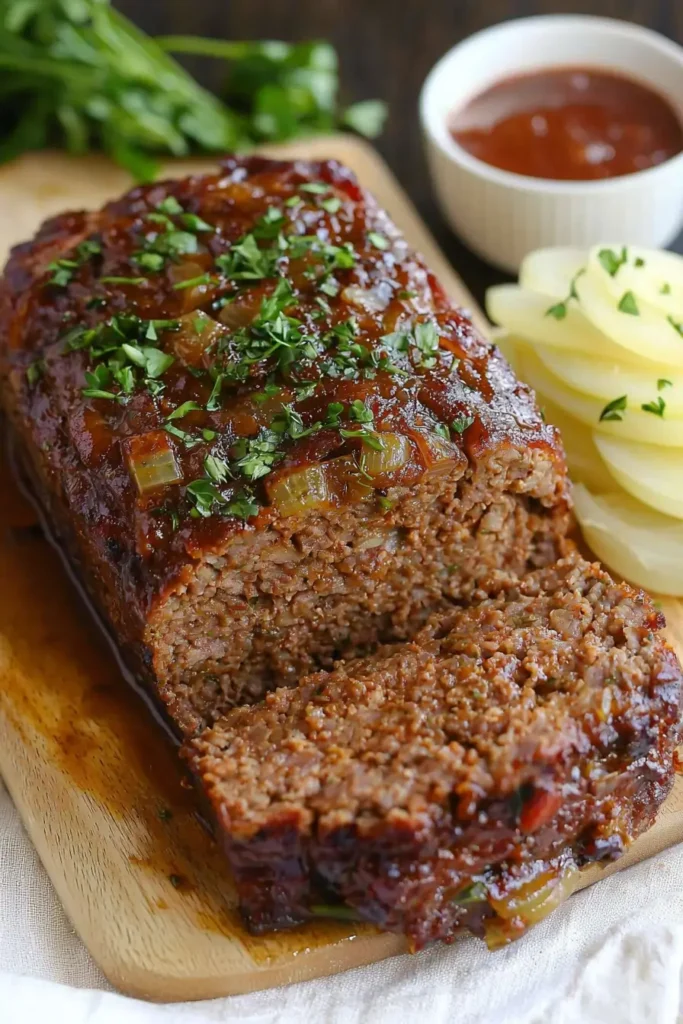 A delicious Lipton Onion Soup Meatloaf garnished with fresh parsley, served on a wooden cutting board alongside a bowl of mashed potatoes and a side of gravy.