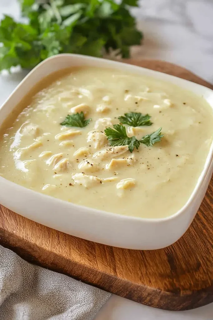 A bowl of creamy dairy-free cream of chicken soup, garnished with fresh parsley and served on a wooden board.