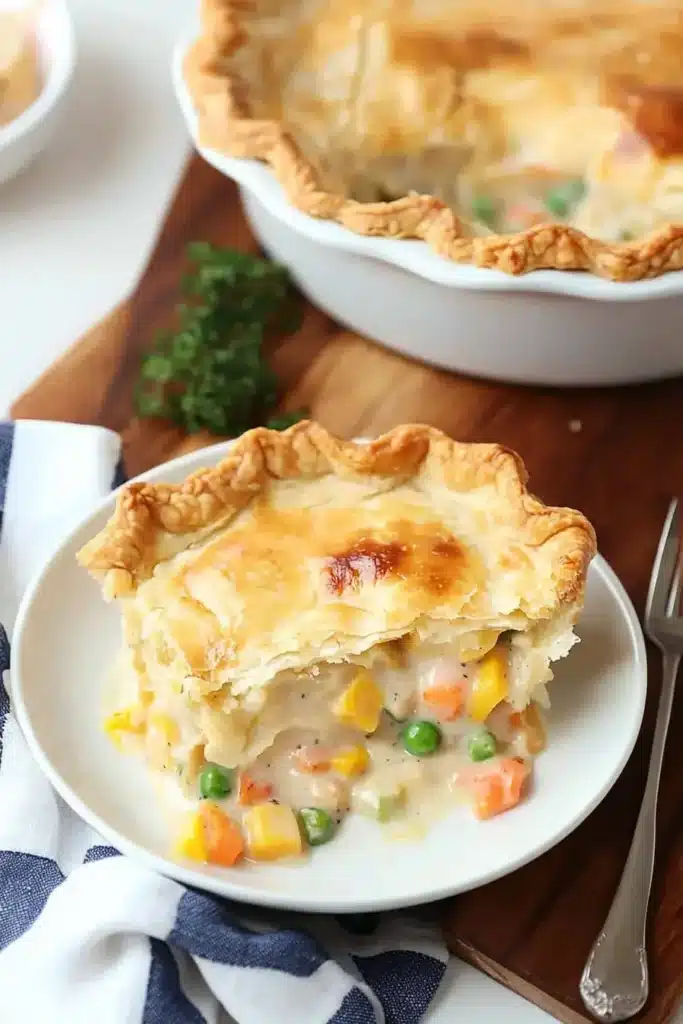 A slice of golden chicken pot pie filled with creamy chicken, peas, carrots, and corn on a white plate, with the whole pie in the background.