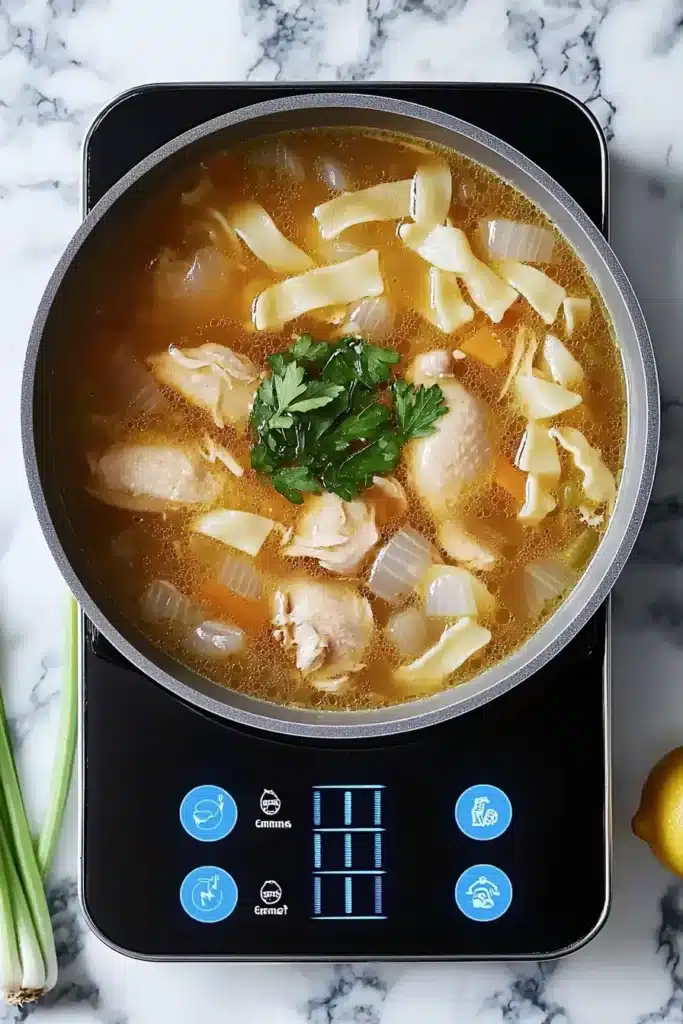 A pot of steaming chicken soup with tender chicken, carrots, celery, and a garnish of fresh dill.