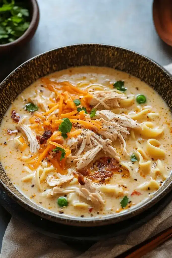 A rich bowl of crack chicken noodle soup garnished with shredded cheddar cheese, tender chicken, crispy bacon, and fresh parsley.