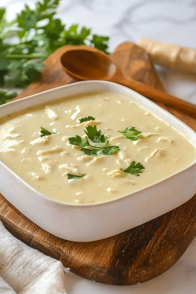 A creamy bowl of dairy-free cream of chicken soup, garnished with fresh parsley and served in a white dish on a wooden tray.