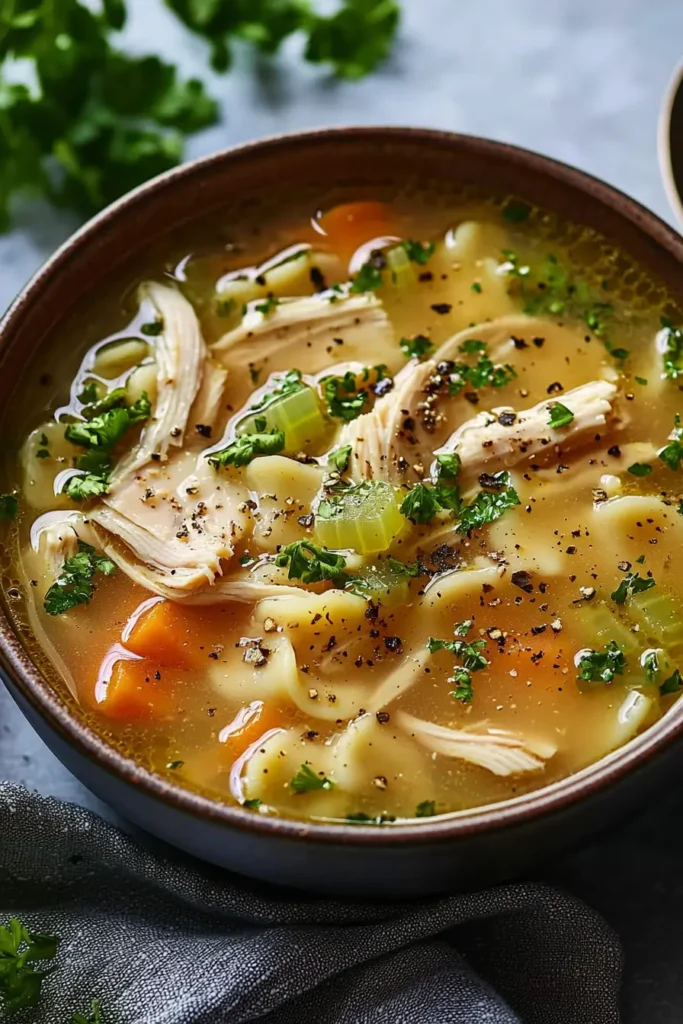 A cozy bowl of Grandma's chicken soup filled with shredded chicken, noodles, diced carrots, celery, and garnished with fresh parsley.