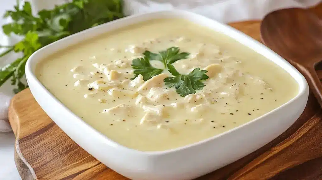 A bowl of dairy-free cream of chicken soup garnished with fresh parsley, served on a wooden tray.