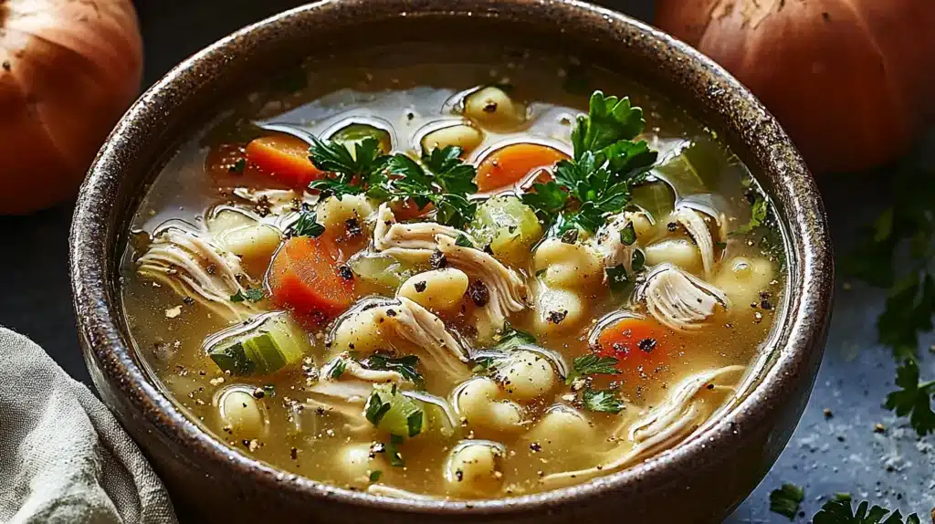 A rustic bowl filled with Grandma's chicken soup, featuring shredded chicken, diced carrots, celery, pasta shells, and garnished with fresh parsley.