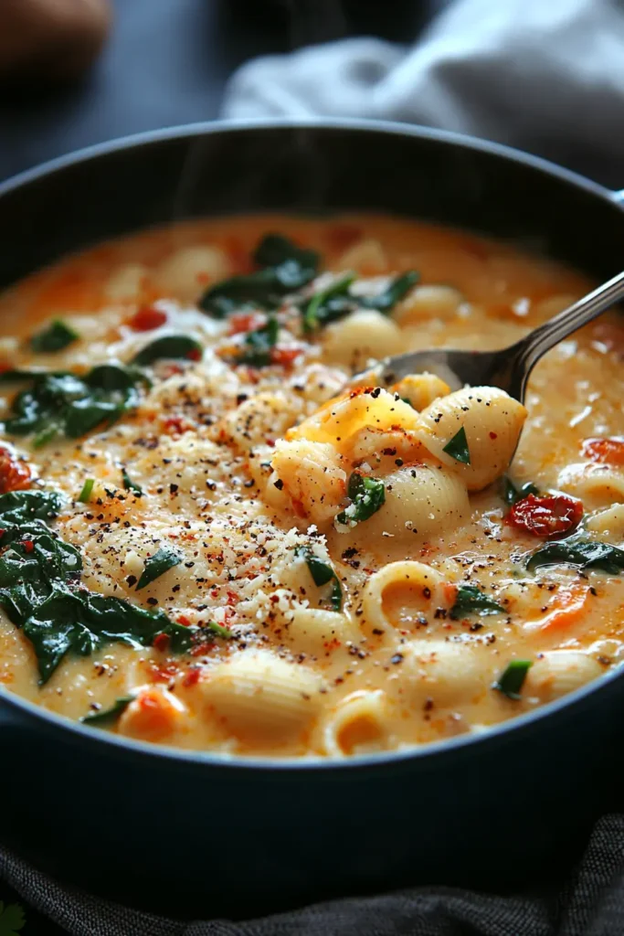 A close-up of steaming "Marry Me" chicken soup in a black bowl, featuring shell pasta, vibrant spinach, sun-dried tomatoes, and a sprinkle of freshly grated cheese and cracked pepper.