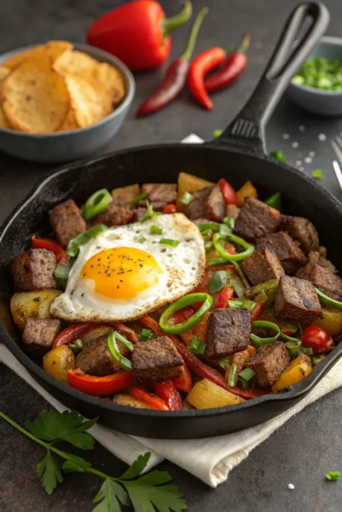 One-pan Wagyu steak breakfast hash with peppers and eggs.