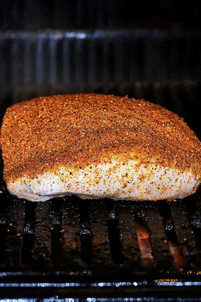 Seasoned turkey breast on the grill with rich spices.