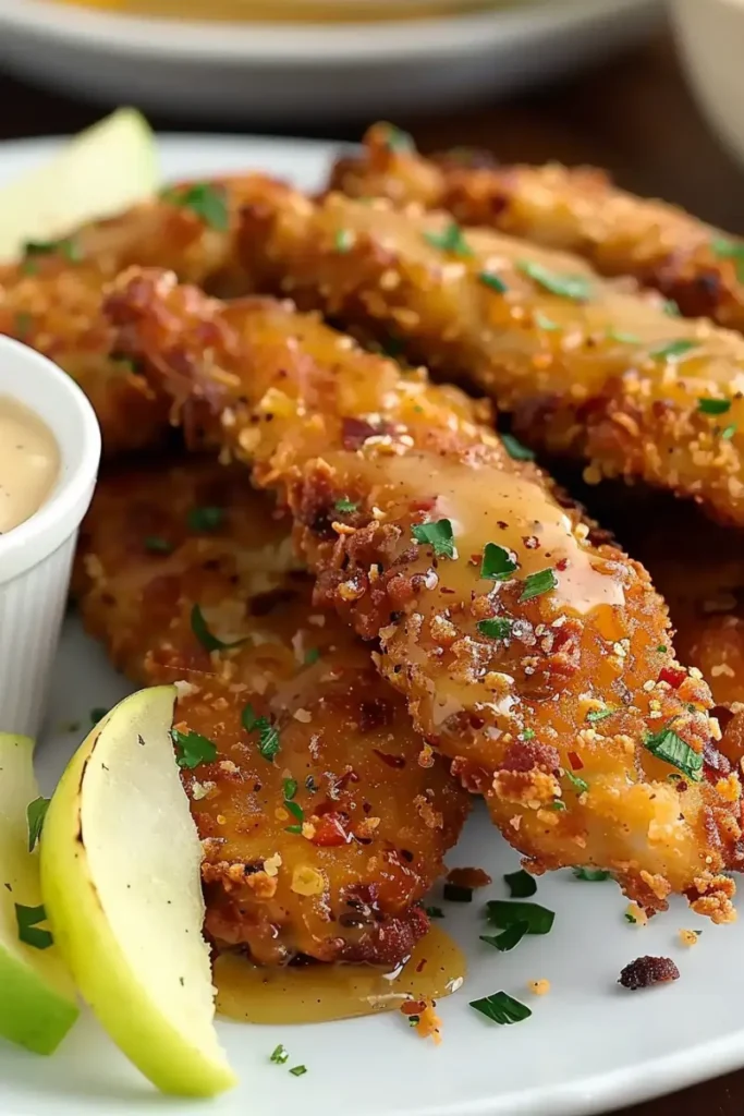 Chicken tenders drizzled with honey glaze and garnished with chopped parsley on a white plate.