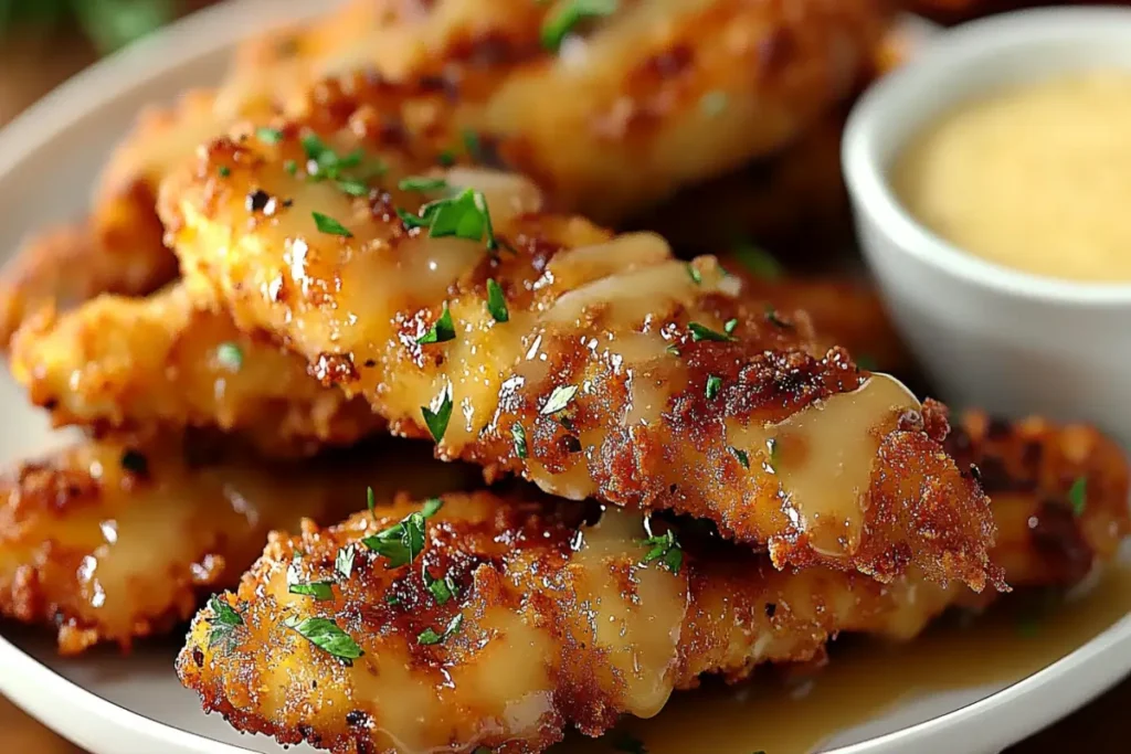 Crispy chicken tenders with honey glaze and a hint of green parsley.