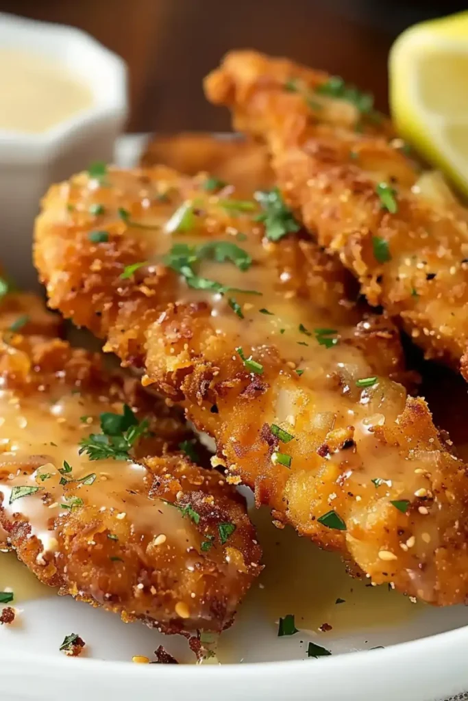 Apple and honey glazed chicken tenders garnished with fresh parsley and served with apple slices and dipping sauce.