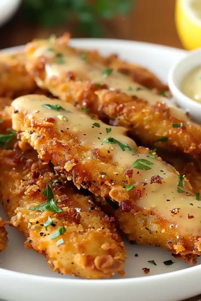 Crispy honey glazed chicken tenders with a side of dipping sauce and fresh parsley.