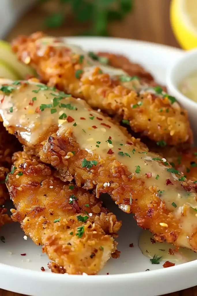 Golden, crispy chicken tenders with a honey glaze, sprinkled with fresh parsley.