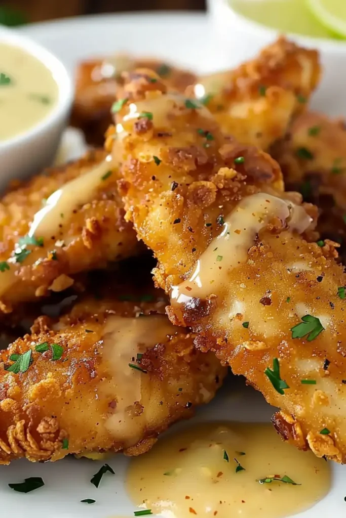 Close-up of honey glazed chicken tenders topped with parsley, with a side of dipping sauce.