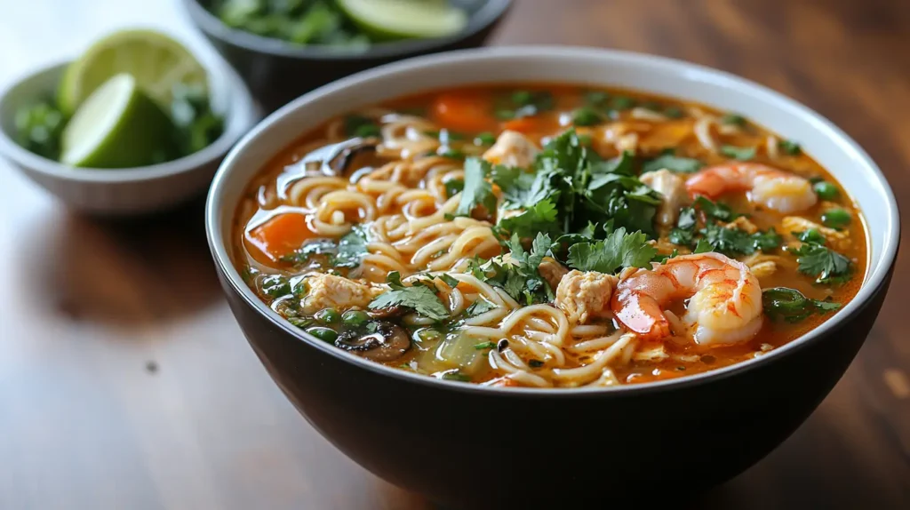 A steaming bowl of Asian noodle soup topped with shrimp, chicken, fresh vegetables, and cilantro.