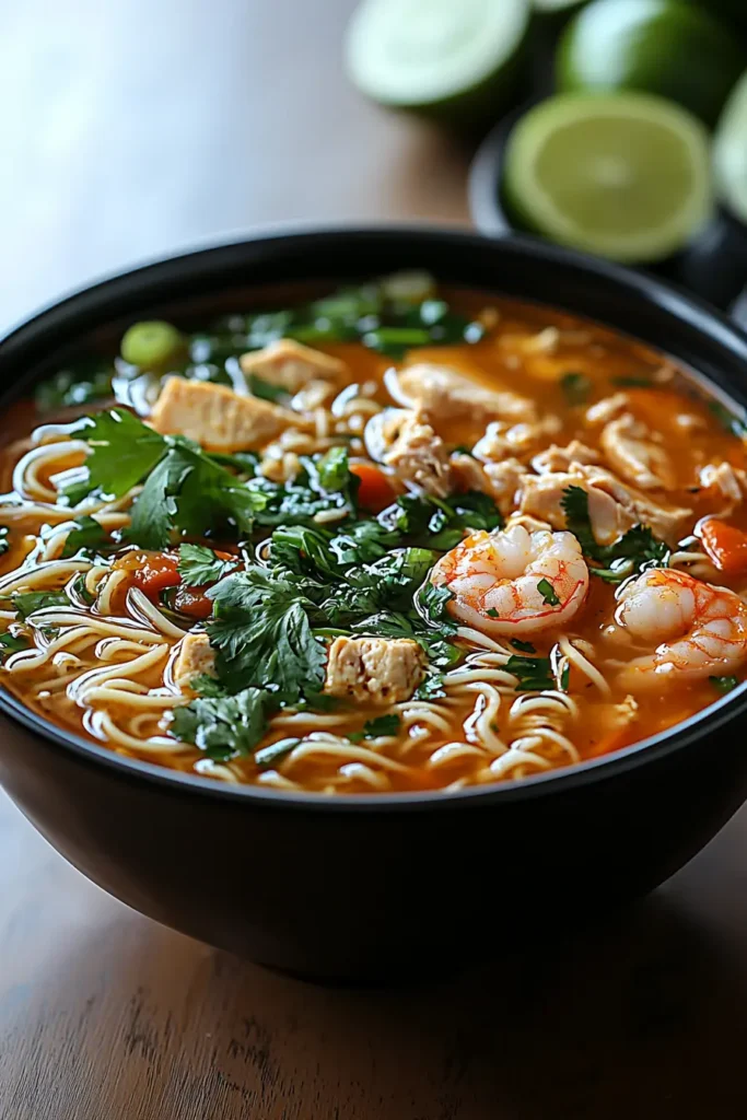 A black bowl filled with Asian noodle soup featuring shrimp, chicken, fresh herbs, and a rich broth, with lime slices in the background.