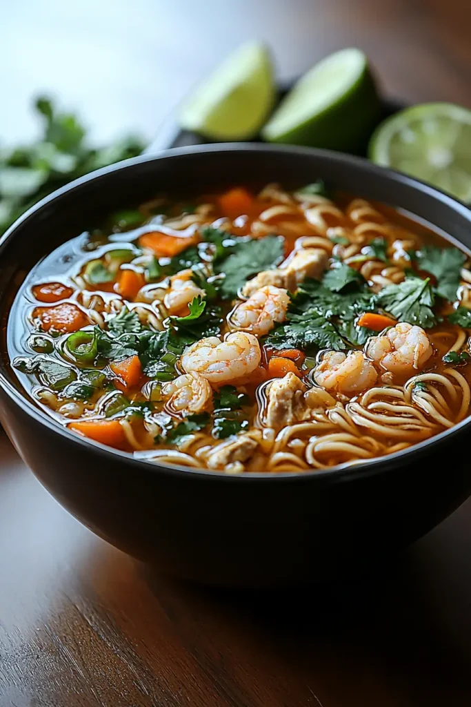 A black bowl of Asian noodle soup filled with shrimp, vegetables, and fresh herbs, with lime wedges in the background.