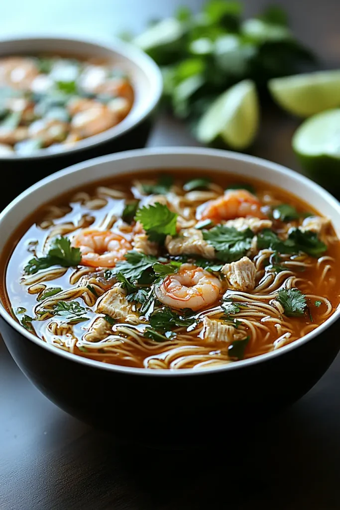 Two bowls of Asian noodle soup filled with shrimp, chicken, fresh herbs, and a flavorful broth, with lime and cilantro in the background.