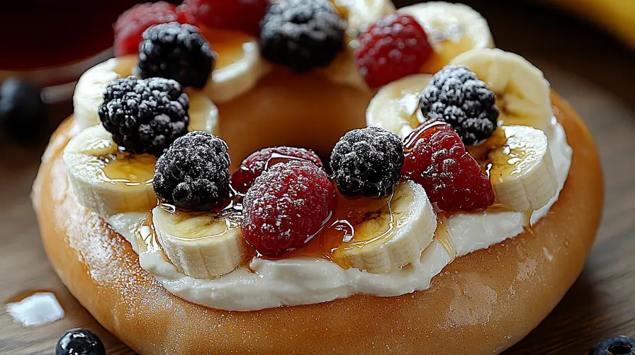 A bagel with cream cheese topped with fresh berries, banana slices, and a drizzle of syrup.