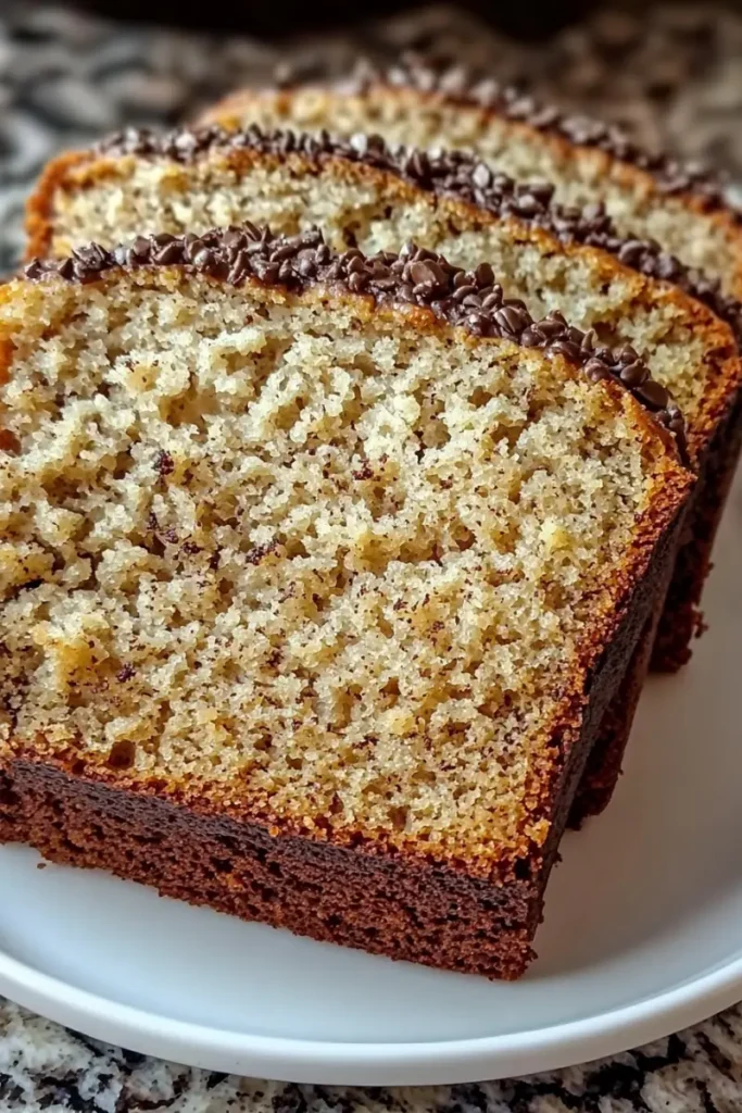 Slices of moist banana bread topped with chocolate sprinkles.