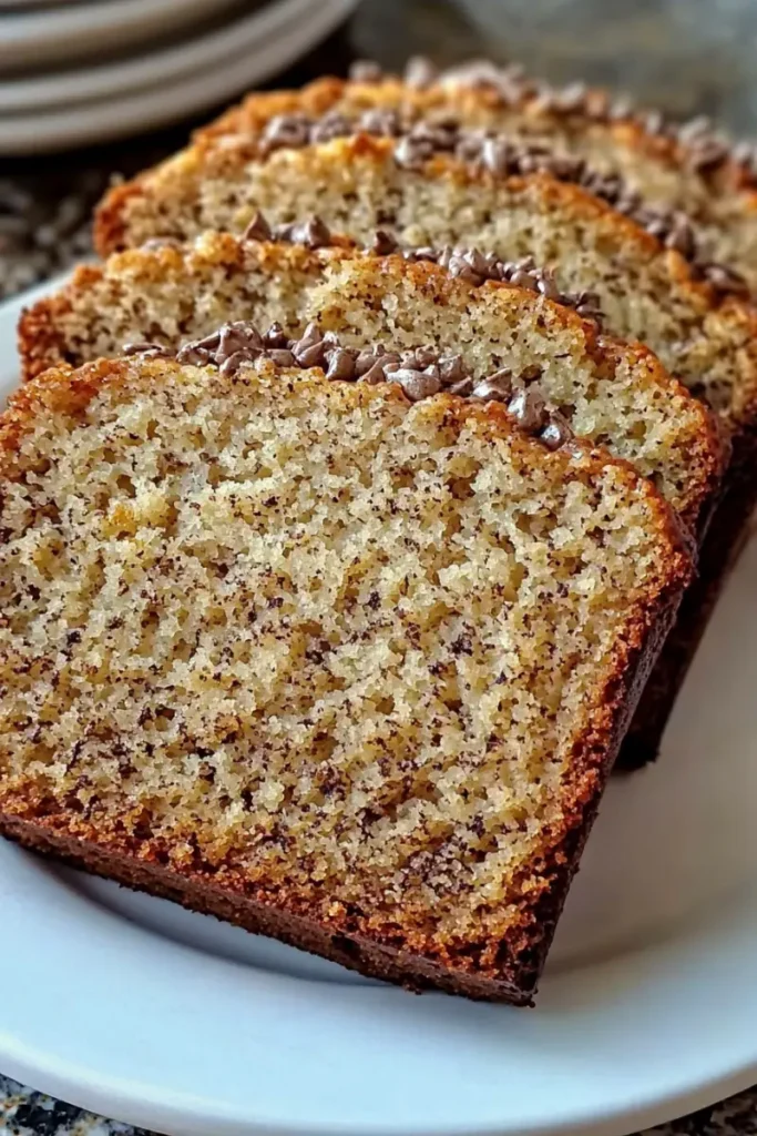 Sliced banana bread on a plate with chocolate sprinkles.