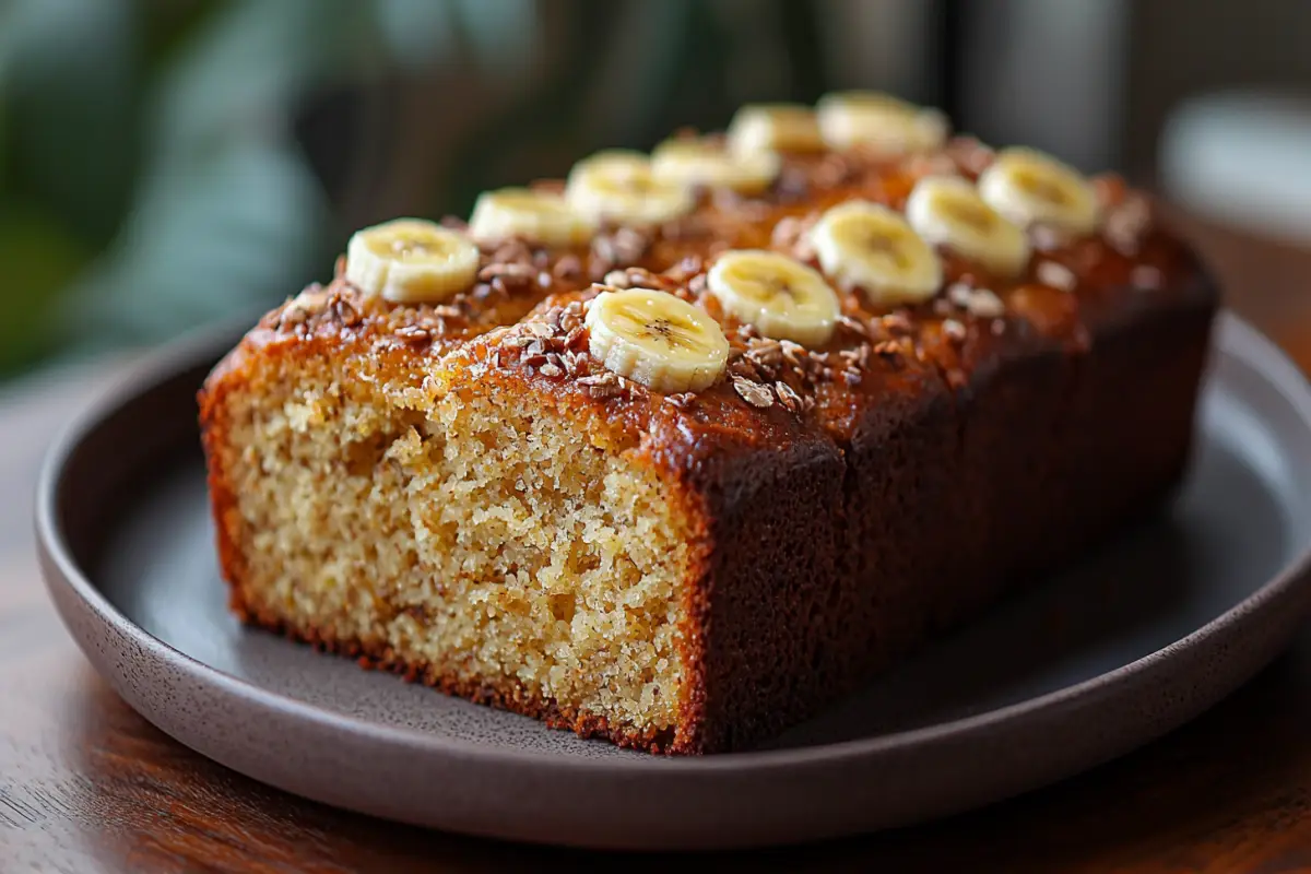 Banana bread loaf topped with banana slices and seeds.