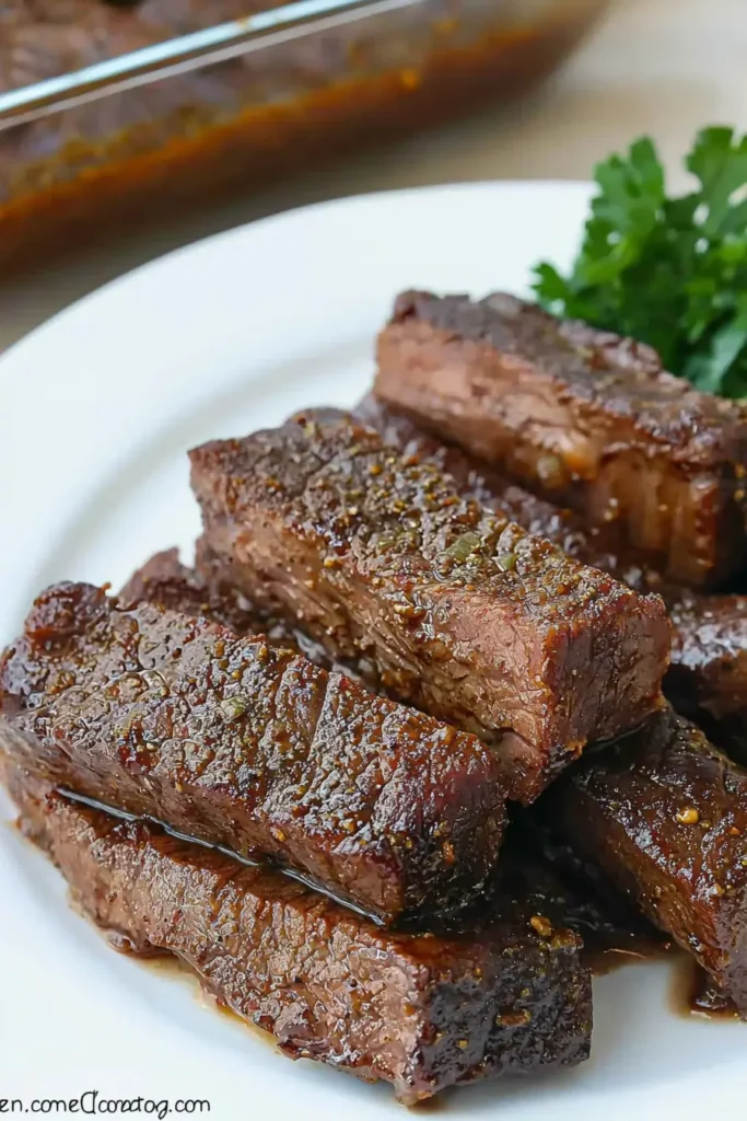 Cooked boneless beef ribs placed neatly on a white plate.