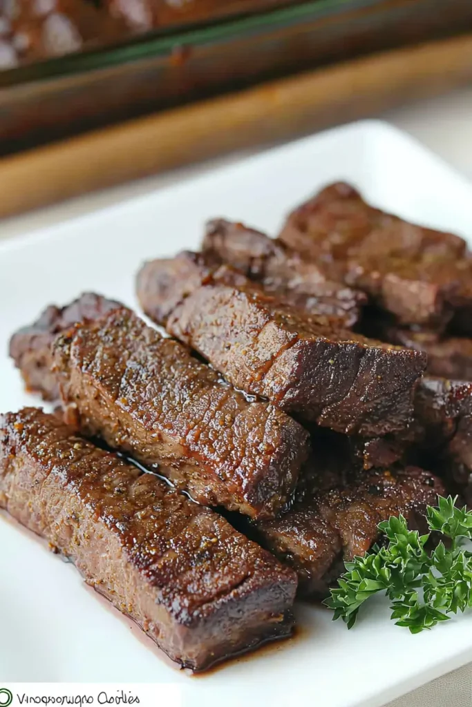 Close-up of tender boneless beef ribs with caramelized glaze.