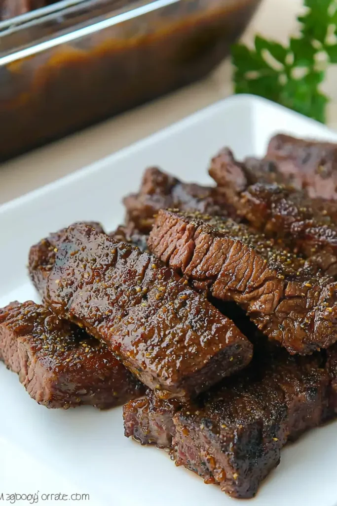 Juicy boneless beef ribs stacked on a white plate with parsley garnish.