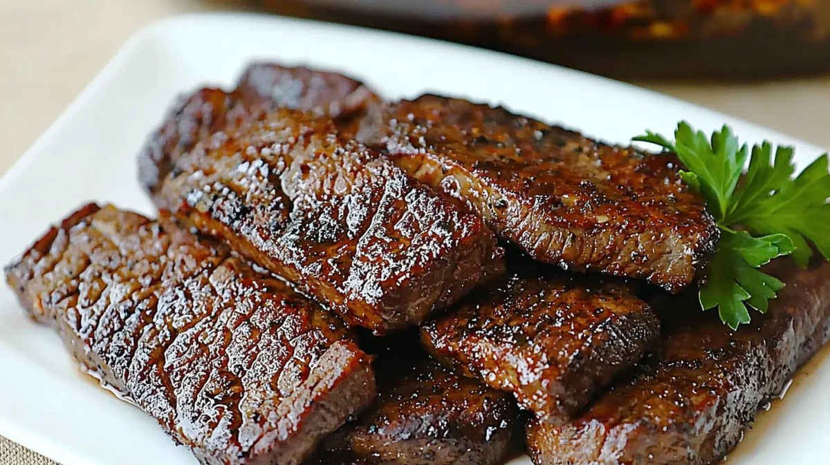 Glazed boneless beef ribs stacked on a white plate, garnished with parsley.