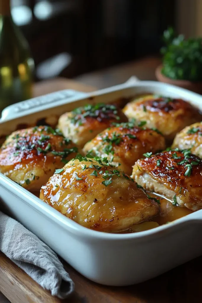 Crispy oven-braised chicken in a dark roasting pan with sauce and herbs.