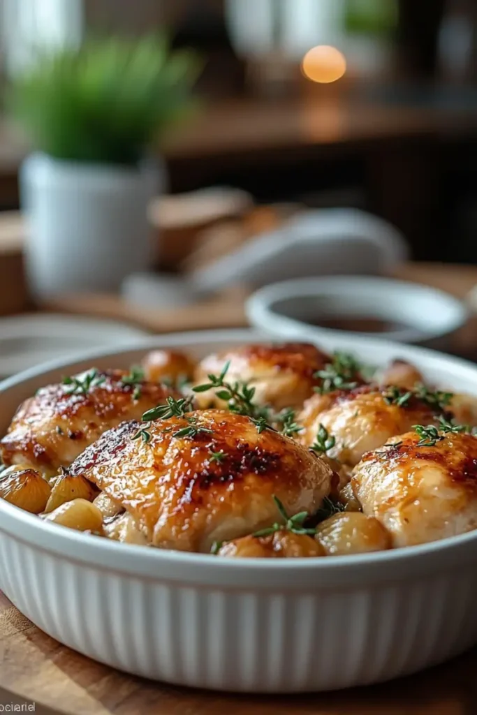 Crispy braised chicken garnished with thyme in a cozy kitchen setting.