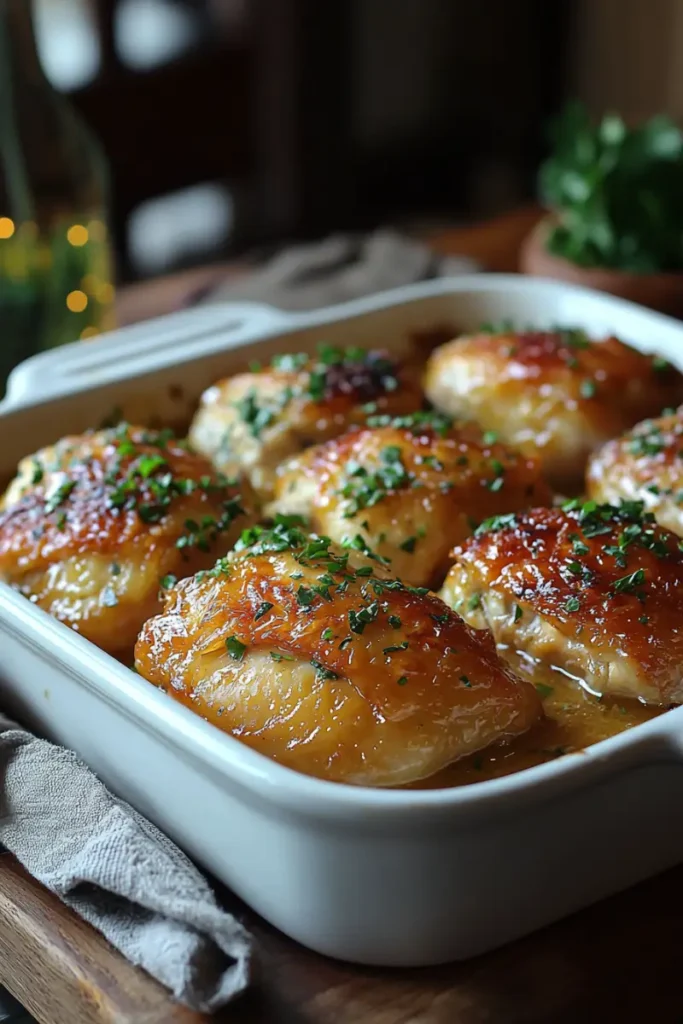 Braised chicken thighs with crispy skin and roasted garlic in a ceramic dish.