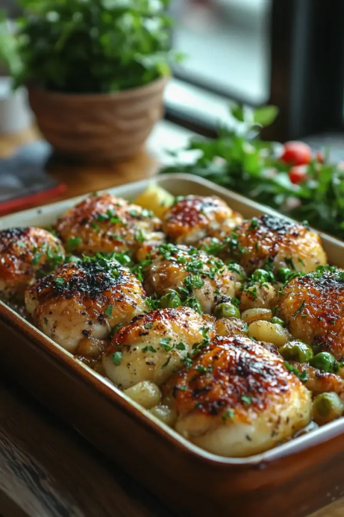 Braised chicken in a white dish with crispy skin and a side of roasted onions.