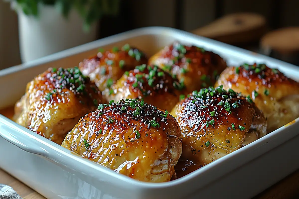 Braised chicken thighs in a white baking dish garnished with fresh herbs.