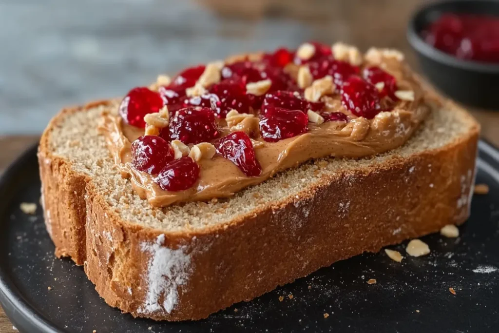 A classic bread grain peanut butter and jelly sandwich served on a plate with jars of jelly and peanut butter in the background.