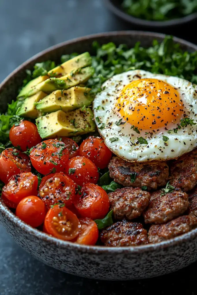 Breakfast burger bowl recipe with sausage patties, sunny-side-up egg, cherry tomatoes, avocado, and fresh greens.