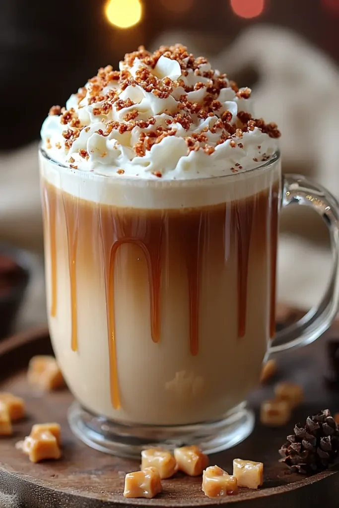 A clear mug of layered caramel latte with a generous swirl of whipped cream, sprinkled with crunchy caramel crumbles.