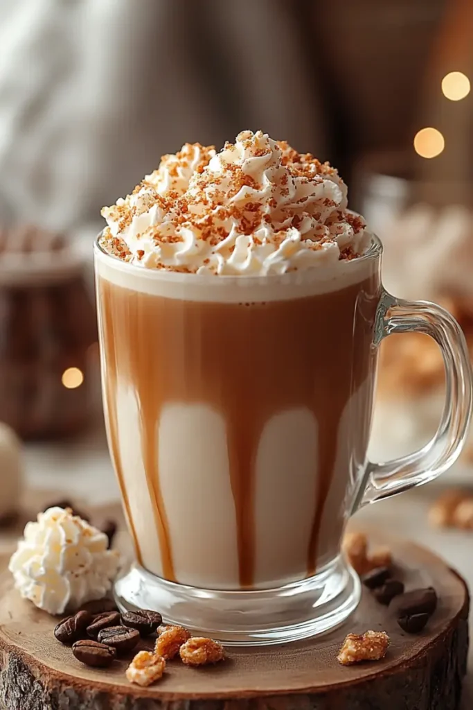 A caramel latte topped with fluffy whipped cream and glistening caramel drizzle, served in a see-through mug.