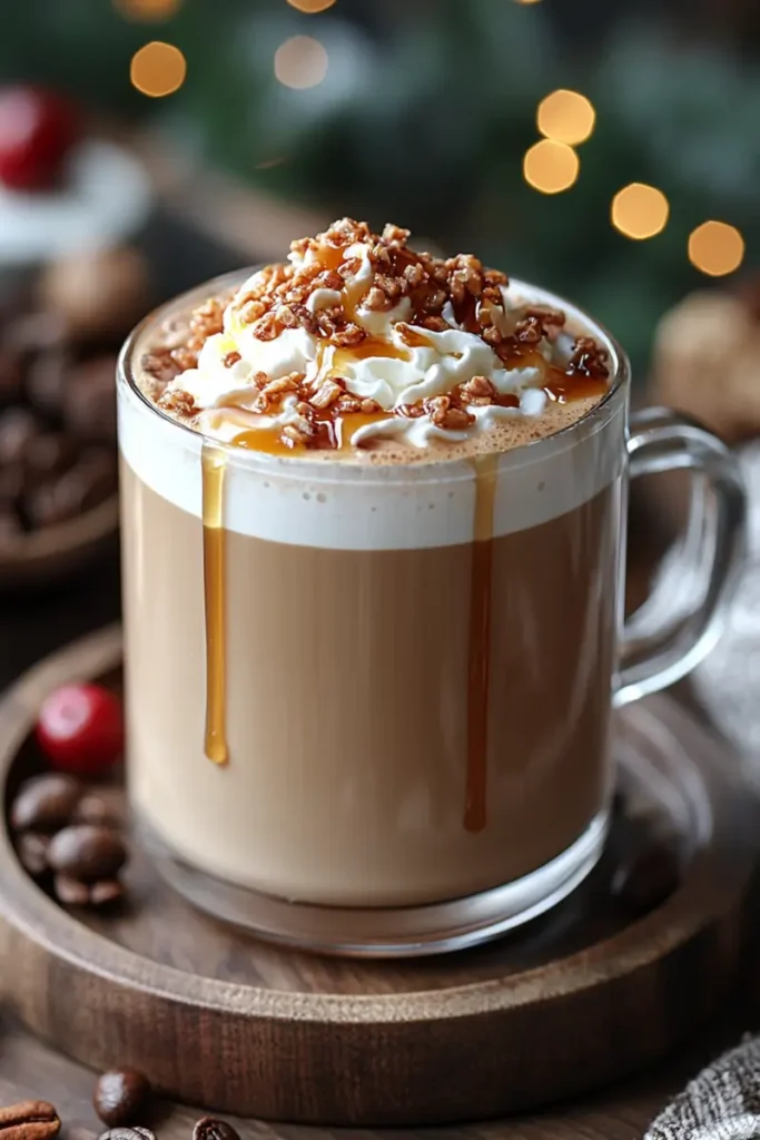 Caramel latte topped with whipped cream, caramel syrup, and crushed nuts.