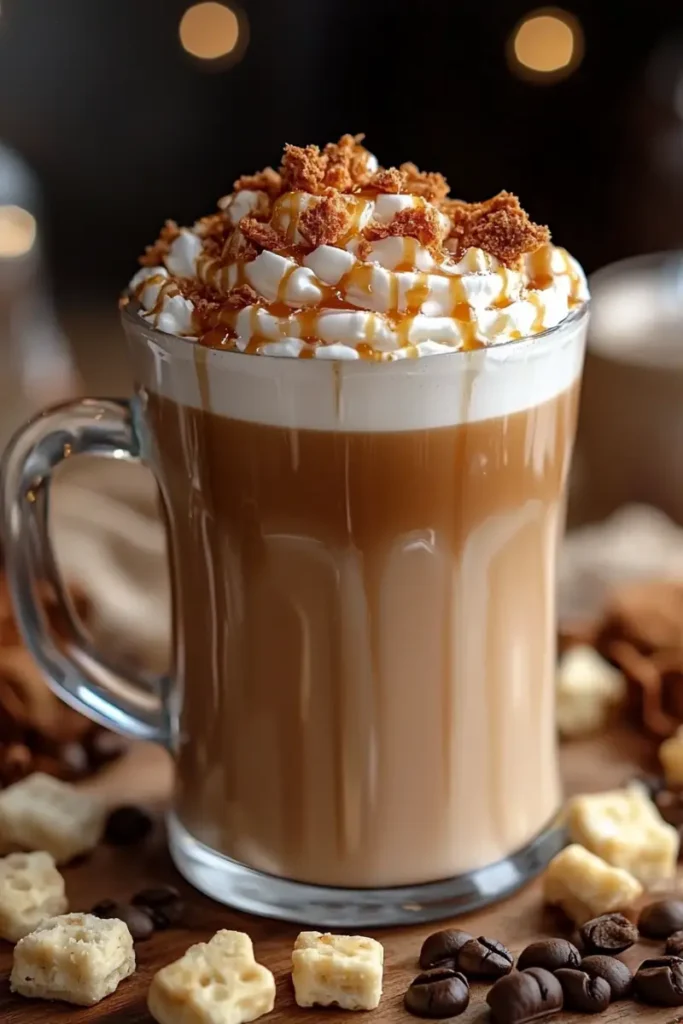 A frothy caramel latte in a clear mug, layered with milk and espresso, finished with whipped cream and golden caramel syrup.