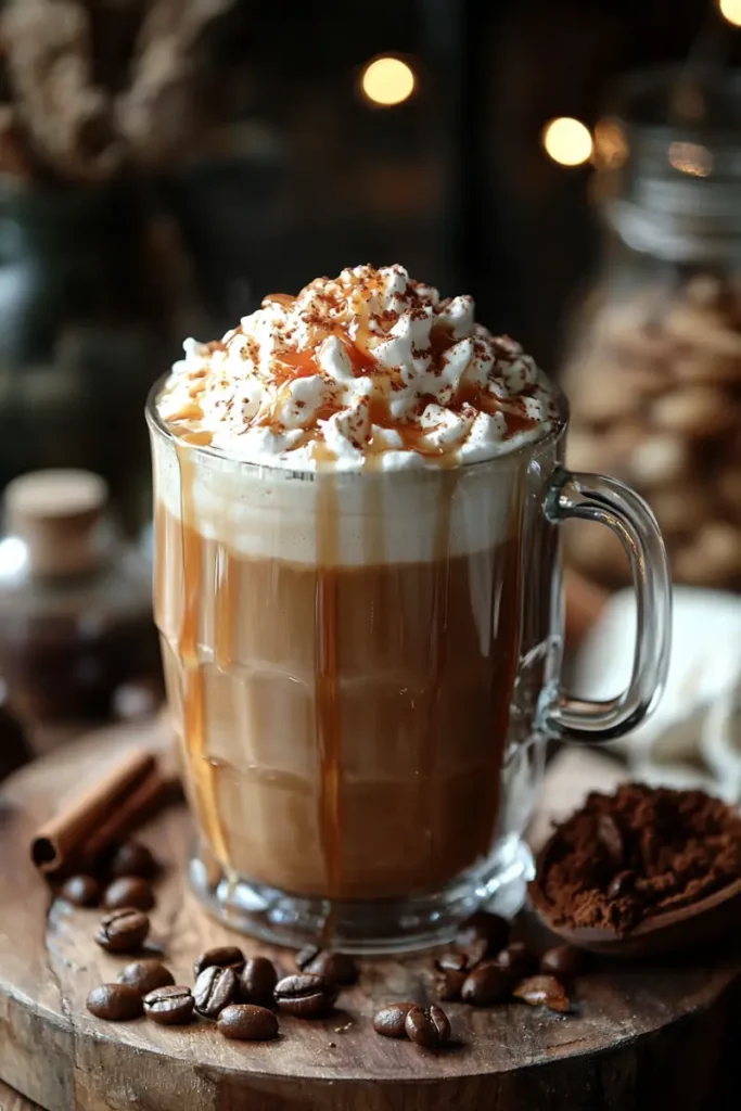 Caramel latte with whipped cream, chocolate shavings, and a cookie on the side.