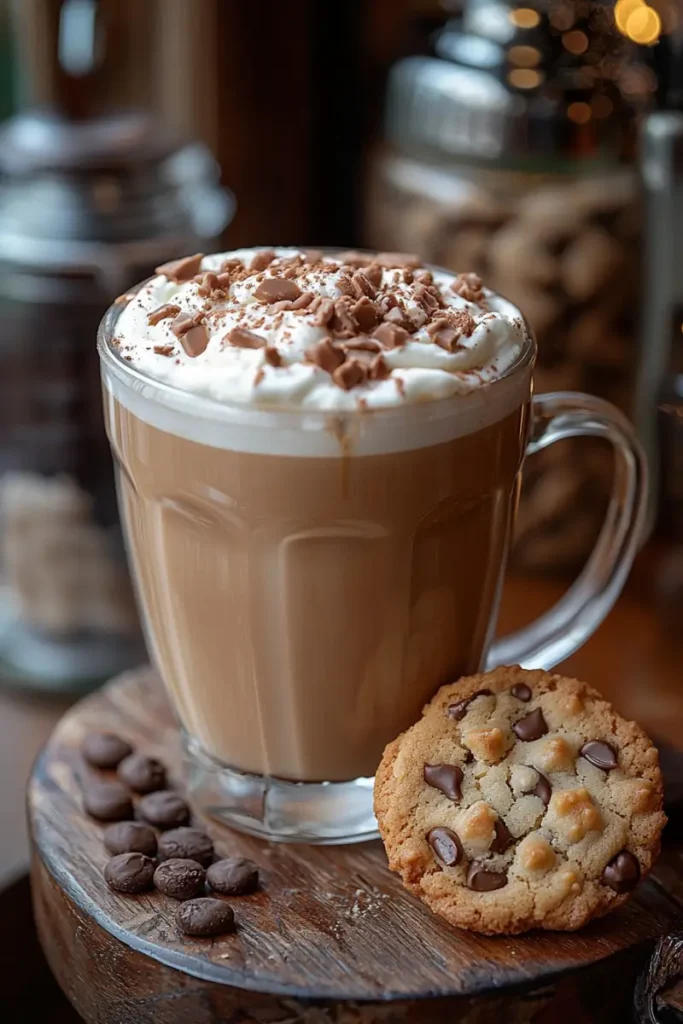 Caramel latte topped with whipped cream, caramel drizzle, and chopped nuts, served in a glass mug.