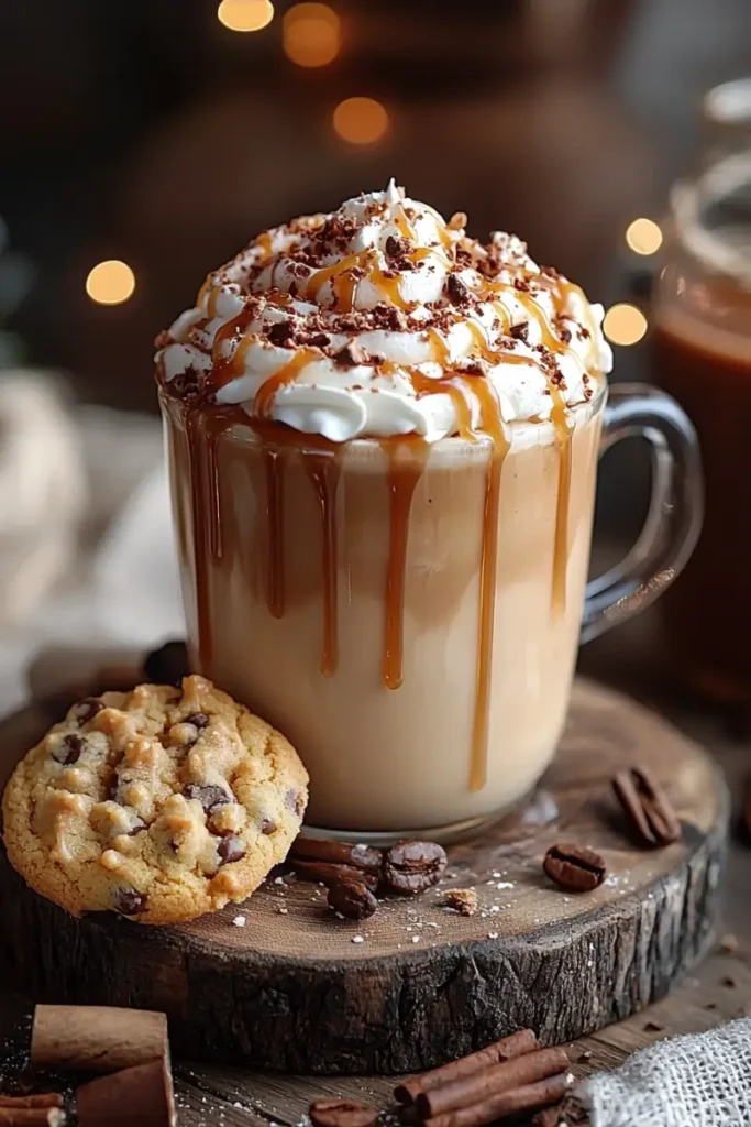 Two caramel lattes topped with whipped cream and chocolate shavings, served with chocolate chip cookies.