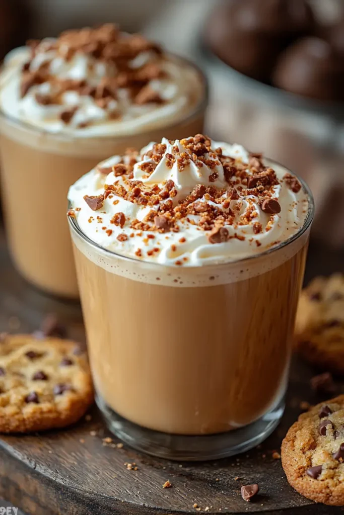 Caramel latte topped with whipped cream, caramel drizzle, and chocolate shavings, served with a chocolate chip cookie.